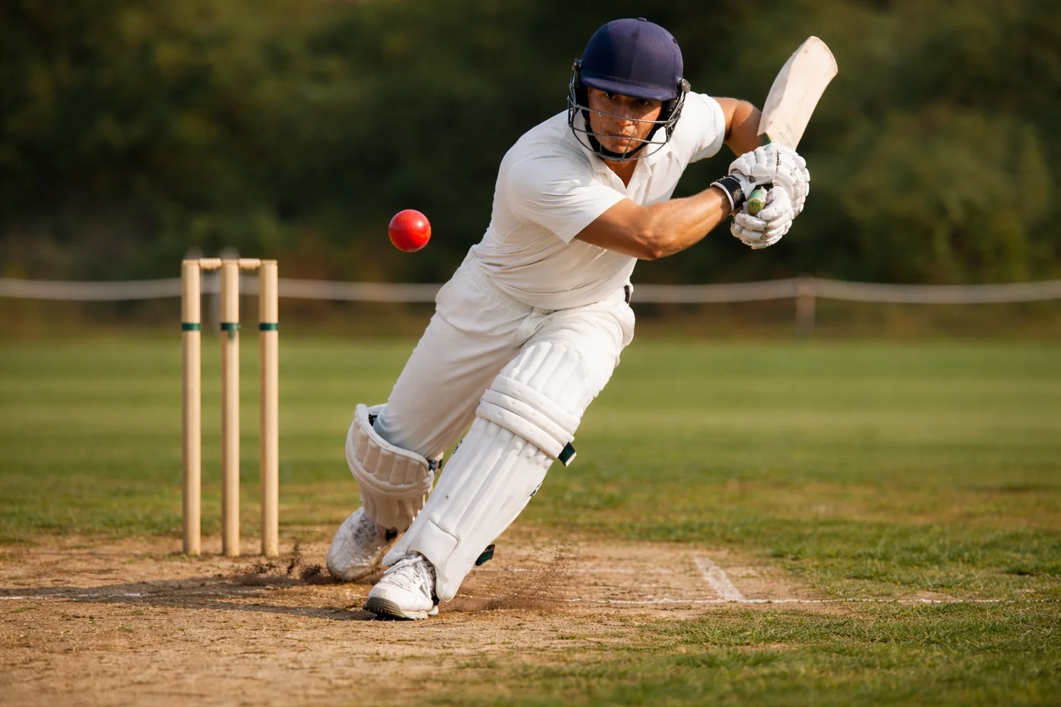 Battitore di cricket esegue un colpo per segnare runs durante una partita
