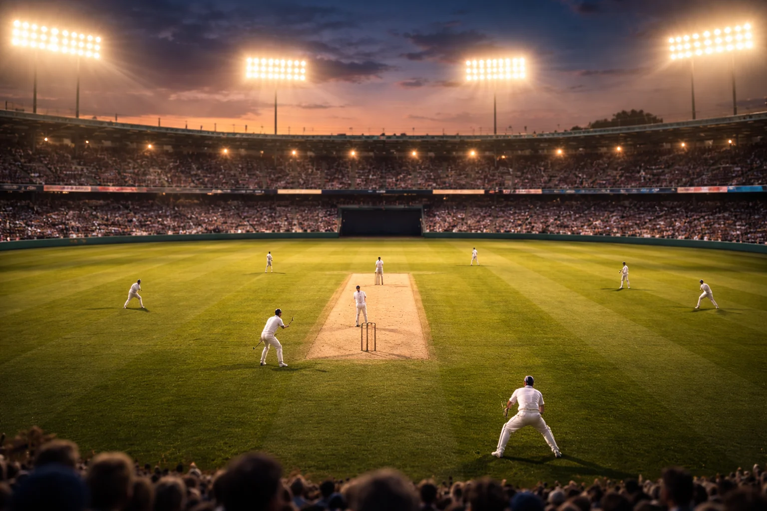 Scommesse cricket live: vista panoramica di uno stadio di cricket durante una partita in diretta