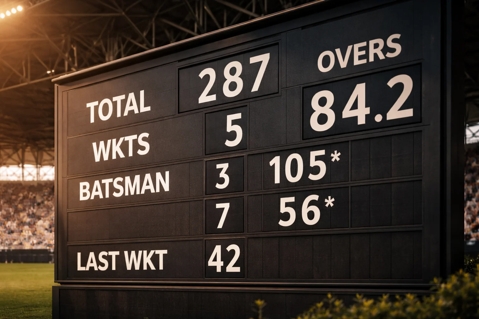 Tabellone segnapunti di cricket con numeri bianchi su sfondo scuro in uno stadio