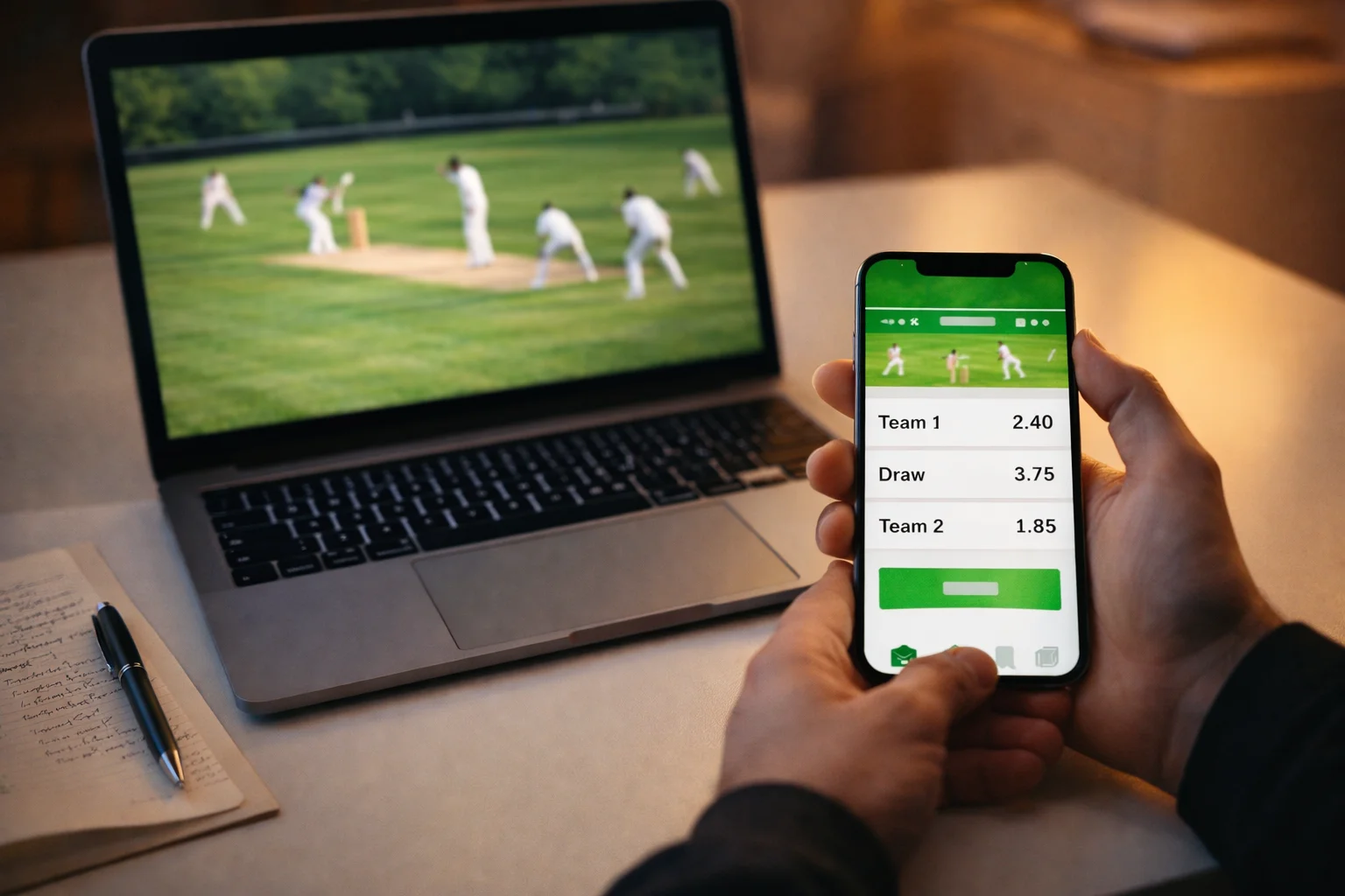 Schermata di quote scommesse cricket che si aggiornano in tempo reale durante una partita live