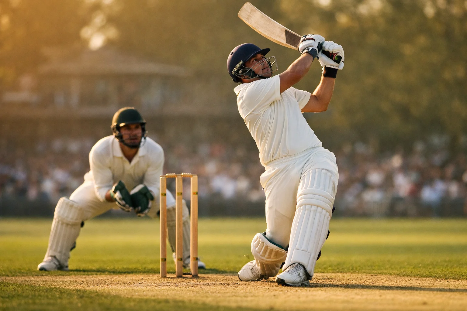 Battitore di cricket in azione durante una partita su campo in erba verde