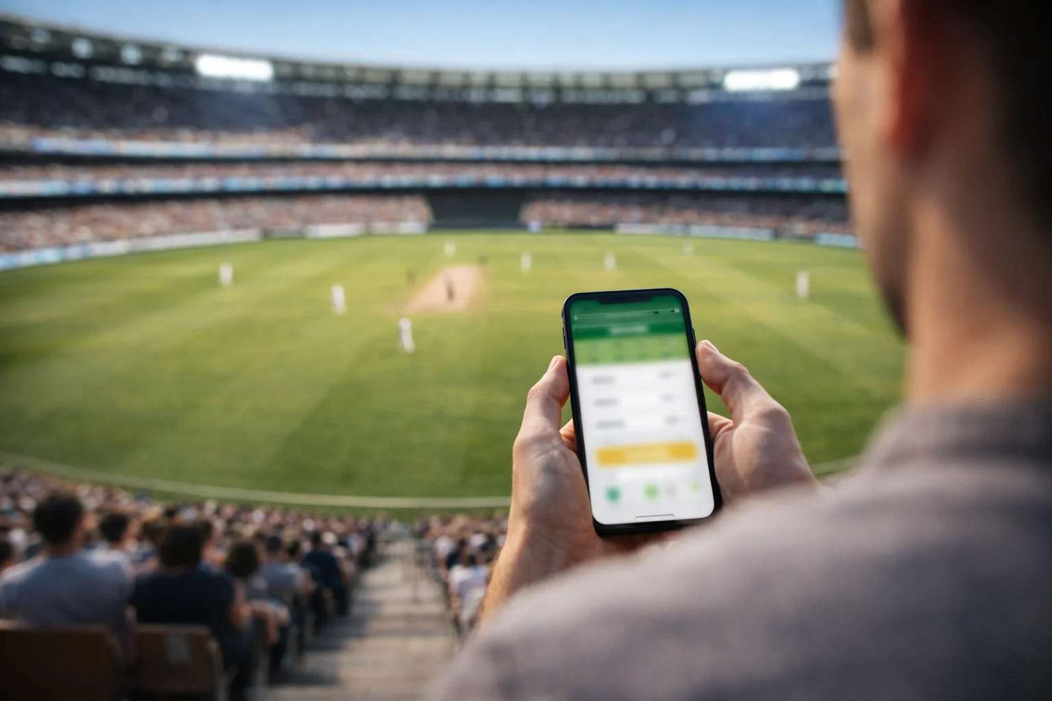 Persona che guarda una partita di cricket su smartphone con stadio sullo sfondo