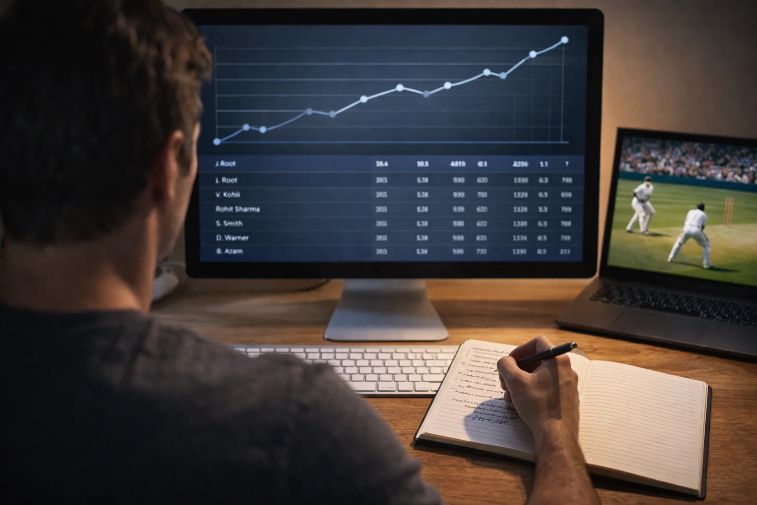 Persona analizza dati e statistiche di una partita di cricket per le scommesse live