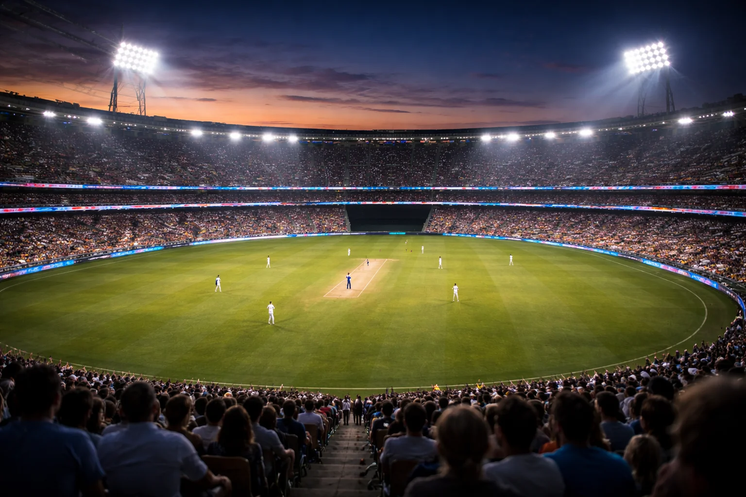 Partita di cricket vista dagli spalti di uno stadio illuminato di sera
