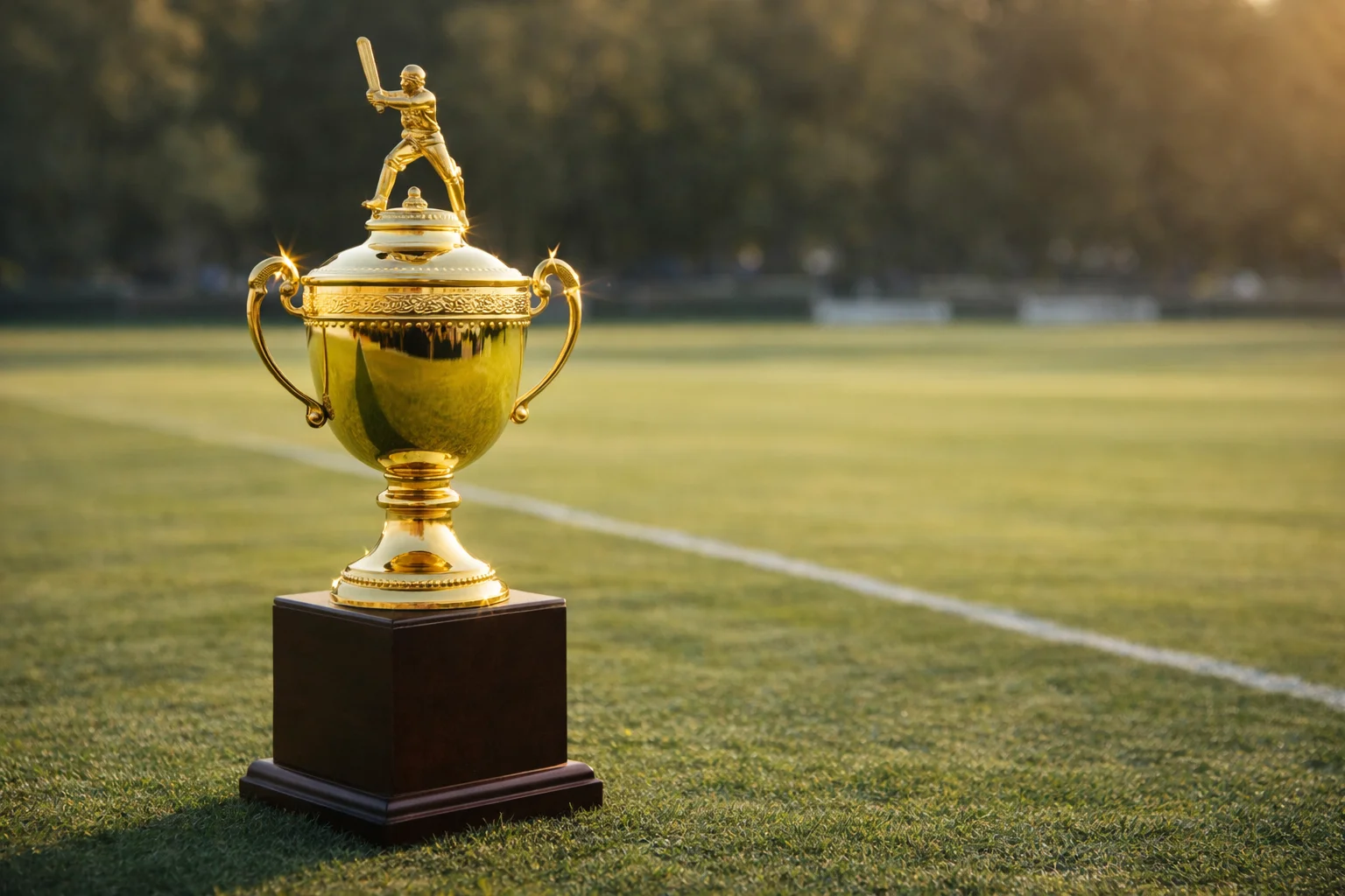 Trofeo dorato di cricket su un piedistallo con campo da cricket sullo sfondo