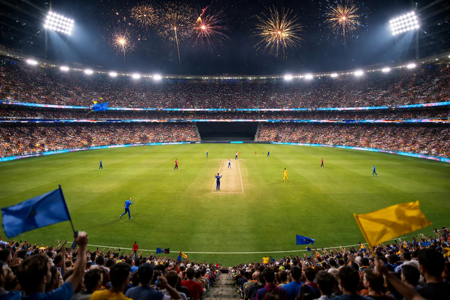 Stadio di cricket illuminato di notte durante un torneo IPL con giocatori in campo